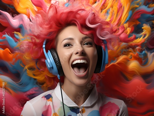 A symphony of colors envelops a smiling lady with bright curls, blue headphones, and music as her muse