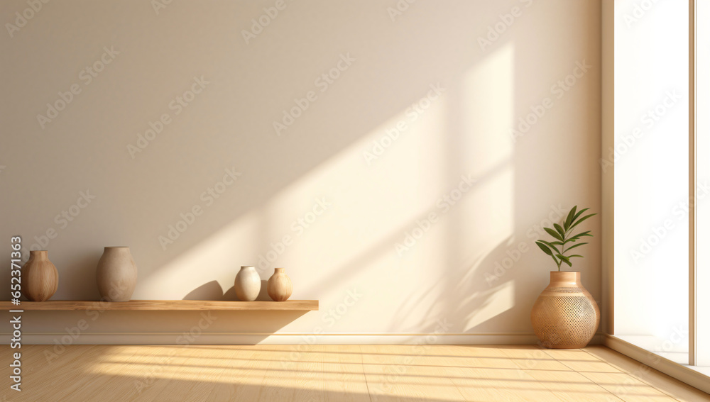 minimalist contemporary room with wooden floor and plants - obrazy, fototapety, plakaty 