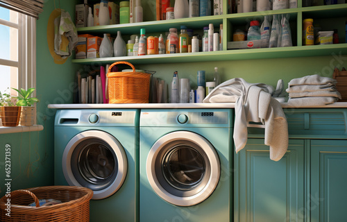 Stacks of clean clothes in utility room