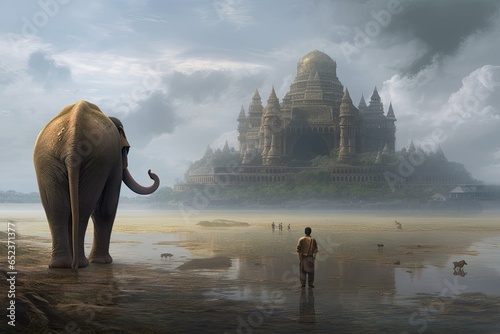 landscape of elephants and people with a temple view