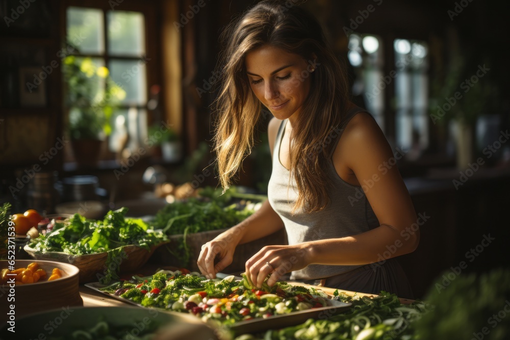 Mujer joven preparando la comida en un restaurante natural y sostenible.  - obrazy, fototapety, plakaty 