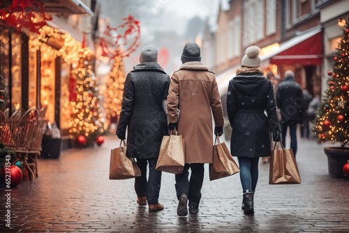 Grupo de amigos saliendo de compras en Navidad.  photo