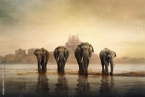 landscape of elephants with a temple background