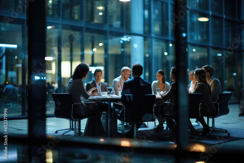 Business people, group of multiethnic people meeting in conference hall office with glass partitions, night time