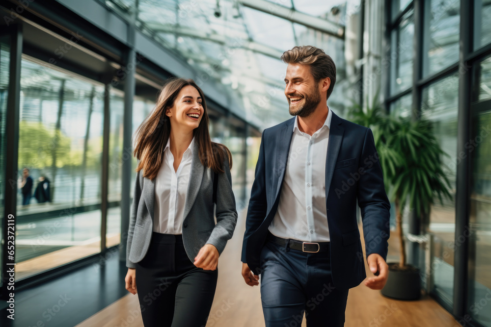 Young modern businessman and businesswoman walking exuding confidence and unity in a contemporary hall of a large office setting Young modern businessman and businesswoman walking exuding confidence and unity in a contemporary hall of a large office setting