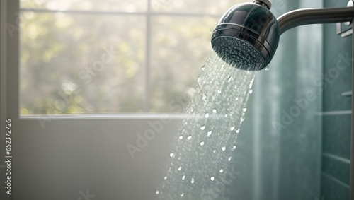 agua saliendo en cabezal de la ducha del baño photo