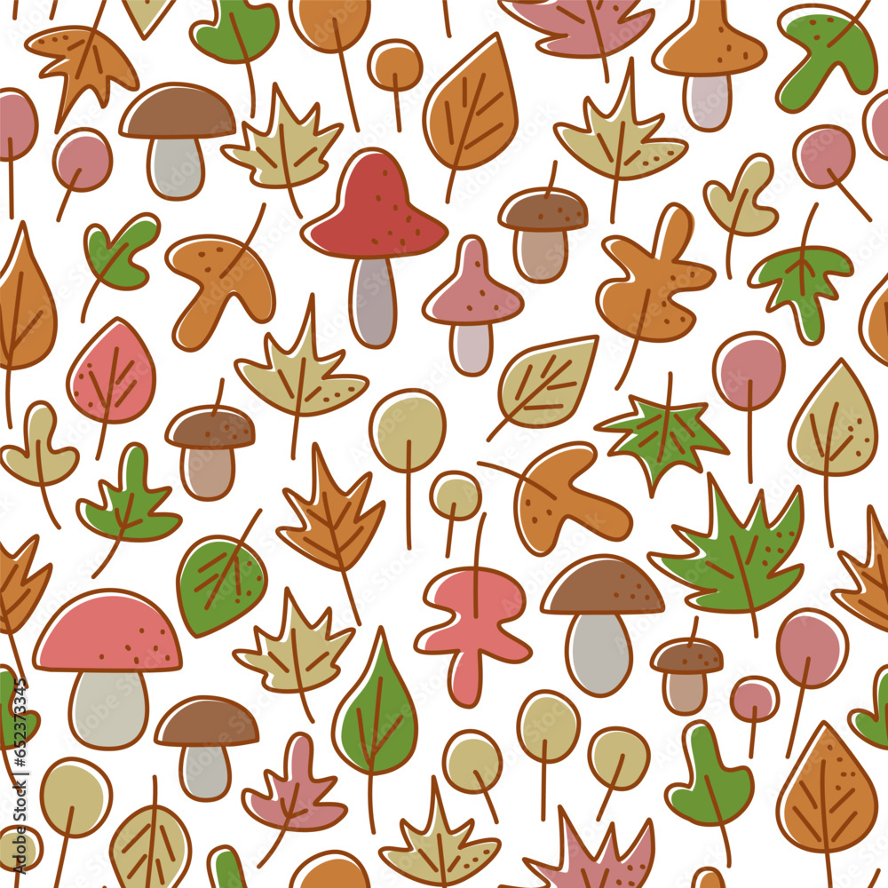 Seamless pattern with autumn leaves, mushrooms, flowers and acorns. Could be used as print, wallpaper, wrapping.