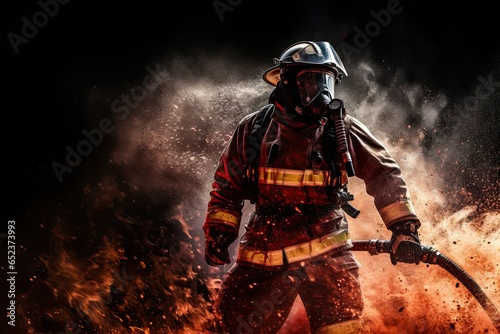 Fireman with water spray nozzle isolated on splash fire