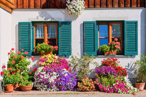 Traditional austrian house with  windows decorated with varieties of petunia and geranium flowers © Tunatura