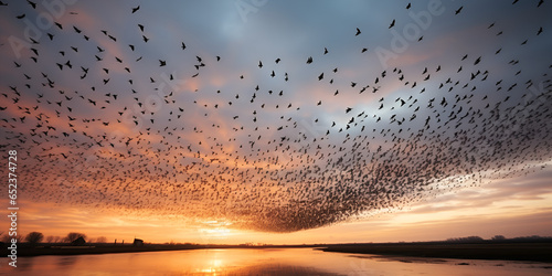 Starlings flocking together in the sky at sunset background © Haleema