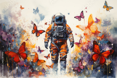 Astronaut spaceman against a background of colored butterflies, poster in watercolor style