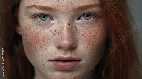 young beautiful redhead girl with freckles on her face - cropped view (Generative AI)