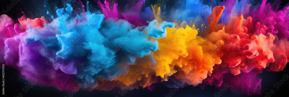 Background of bright colors mixing in water. Horizontal banner