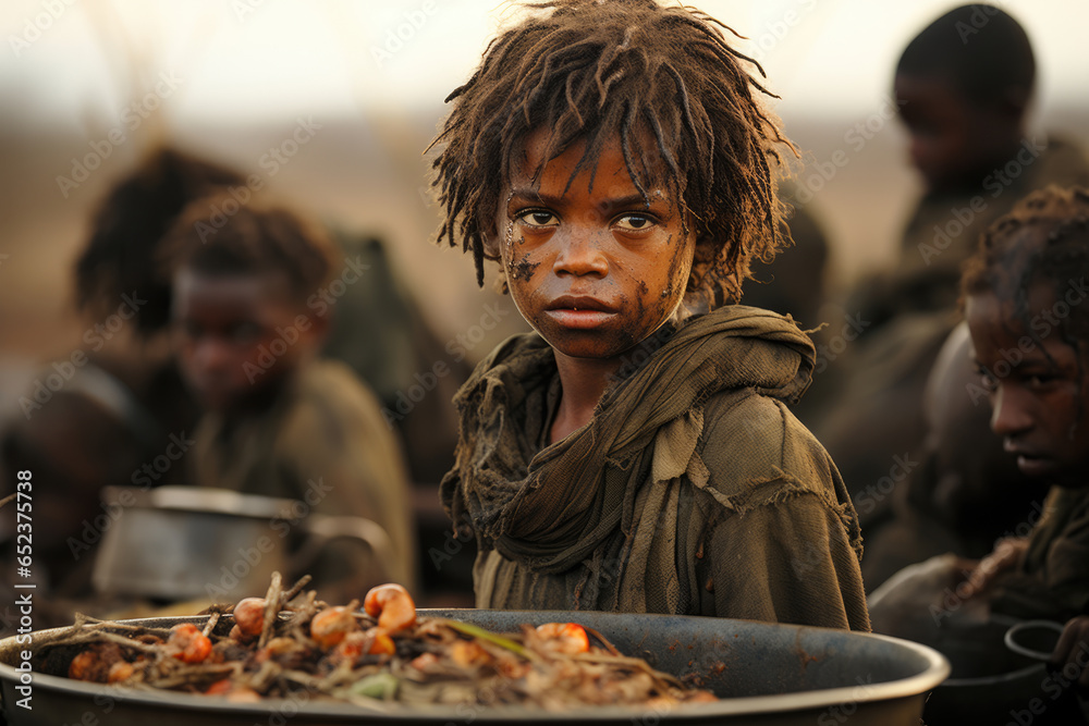 Portrait of an African hungry child with a plate of food Portrait of an African hungry child with a plate of food
