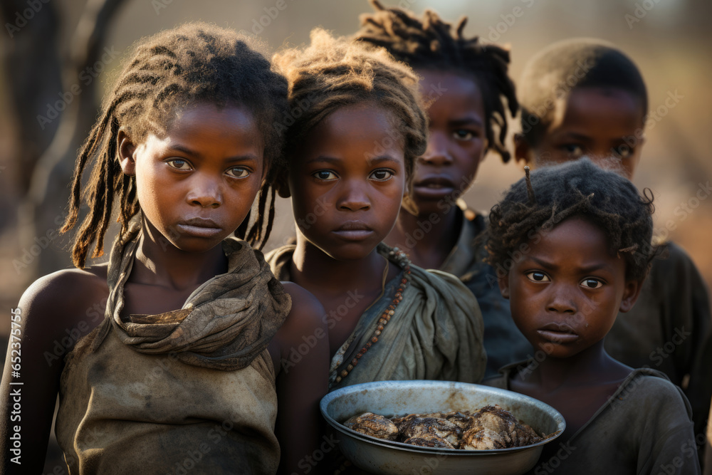 group of hungry African children near plates of food group of hungry African children near plates of food
