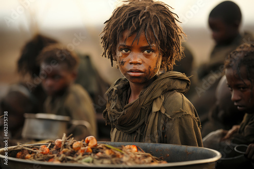 Portrait of an African hungry child with a plate of food