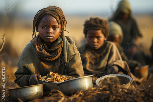 group of hungry African children near plates of food