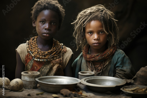 thin poor children of Africa with old shabby clothes