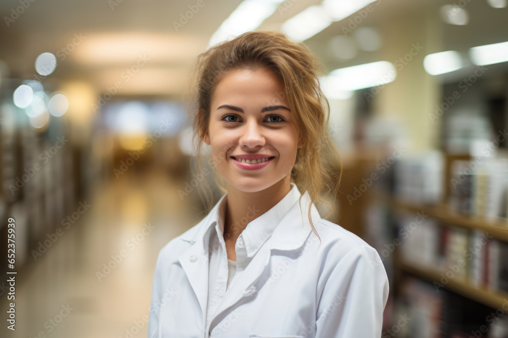 Young woman pharmacist in a white coat on the background of a pharmacy