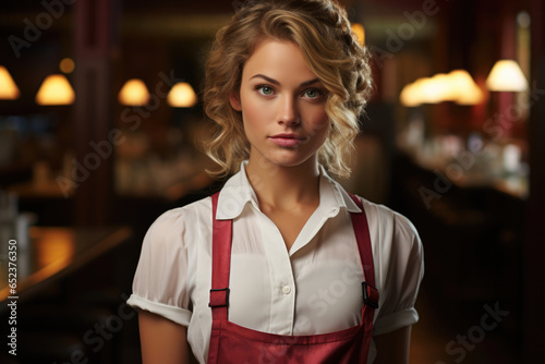 Young beautiful waitress in uniform in a cafe or restaurant