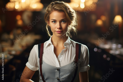 Young beautiful waitress in uniform in a cafe or restaurant