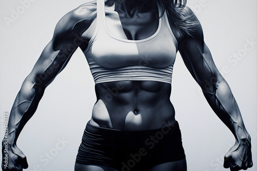 Athletic muscular female torso on a light background. Fitness trainers or gym advertising banner concept.