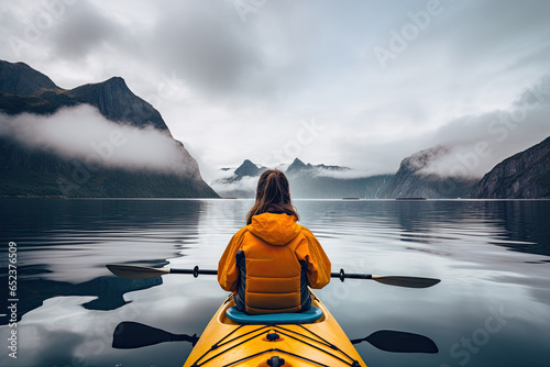 From the back view of a female tourist in a yellow kayak sailing along a sea bay with foggy fjords in the background. © OleksandrZastrozhnov
