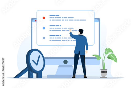 performance management concept. Character sets goals and objectives for professional development, personal improvement and growth. Objective key results concept. Flat vector illustration.