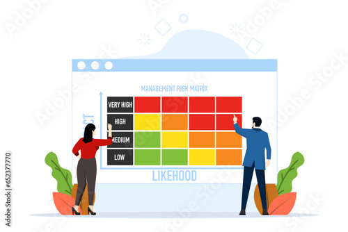 Risk management matrix concept with impact and probability, business team analyzes risk level by considering probability against severity of consequences categories. flat vector.