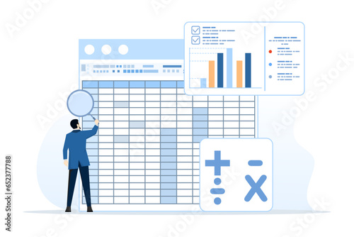 Spreadsheet concept, business analysis and analytics, database reports, financial accounting data with table numbers, budget calculations, profit and loss, generating report graphs from data.