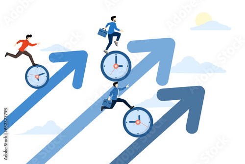 time management, increasing efficiency, productivity to complete a project, teamwork or planning, multitasking or completing work within a deadline, business people climb the upward arrow.