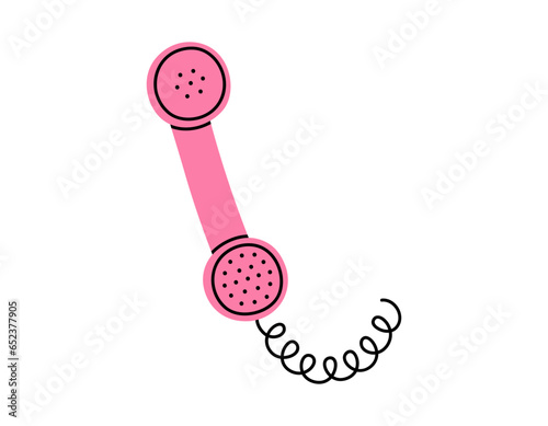 Hand drawn cute cartoon illustration of pink retro phone handset. Flat vector old telephone with dial sticker in simple colored doodle style. Call device icon or print. Isolated on white background.