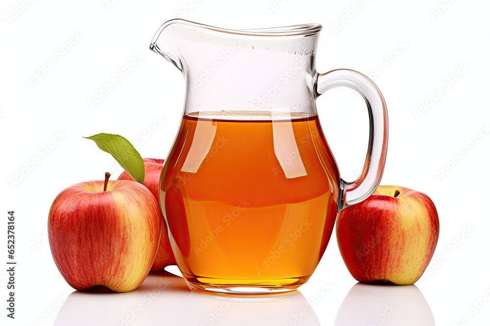 Pitcher filled with delicious, freshly pressed apple cider, set against a clean white background, evoking the warmth and comfort of autumn. Generative AI Pitcher filled with delicious, freshly pressed apple cider, set against a clean white background, evoking the warmth and comfort of autumn. Generative AI