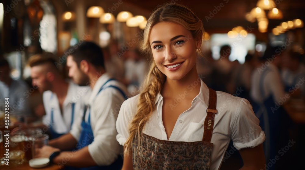 smiling german waitress at oktoberfest dressed in a blue apron. Blurred view of the interior of a street cafe smiling german waitress at oktoberfest dressed in a blue apron. Blurred view of the interior of a street cafe