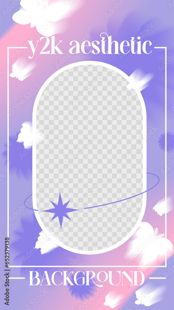 Fototapeta premium Purple Aura modern oval y2k storis template. Stock vector illustration in 2000s gradient style. With place for photo.