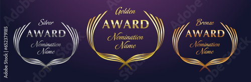 Set of awards. Golden, silver and bronze rewards. Modern design. Competitions cup elements. Isolated icons. Metallic shiny gradient. Creative shape. Vector illustration