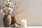 Stylish table with cotton flowers and aroma candles near light wall