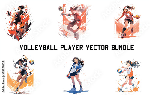 volleyball player vector bundle, female volleyball player ,Volleyball players in different action poses, Action moves in volleyball set, Volley contemporary colorful vector illustration. 