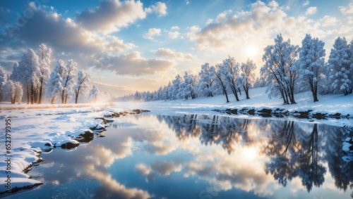 Winter landscape with beautiful reflection in the water.