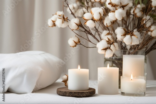 Stylish table with cotton flowers and aroma candles near light wall