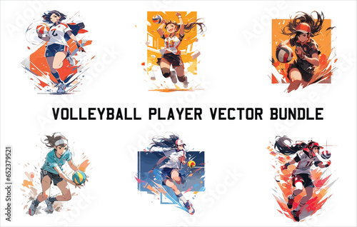 volleyball player vector bundle, female volleyball player ,Volleyball players in different action poses, Action moves in volleyball set, Volley contemporary colorful vector illustration. 