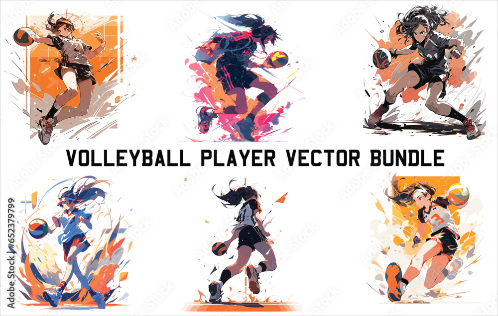 volleyball player vector bundle, female volleyball player ,Volleyball players in different action poses, Action moves in volleyball set, Volley contemporary colorful vector illustration.