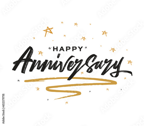 Happy Anniversary lettering text banner. Beautiful greeting banner poster calligraphy inscription black text word gold ribbon. Hand drawn design. Handwritten modern brush lettering white background
