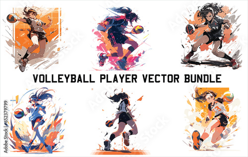 volleyball player vector bundle, female volleyball player ,Volleyball players in different action poses, Action moves in volleyball set, Volley contemporary colorful vector illustration. 