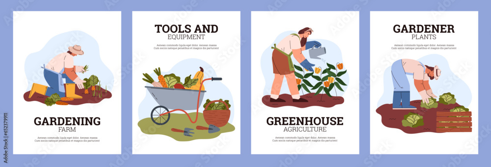 Gardening and agriculture works posters set flat vector illustration.