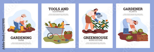 Gardening and agriculture works posters set flat vector illustration.