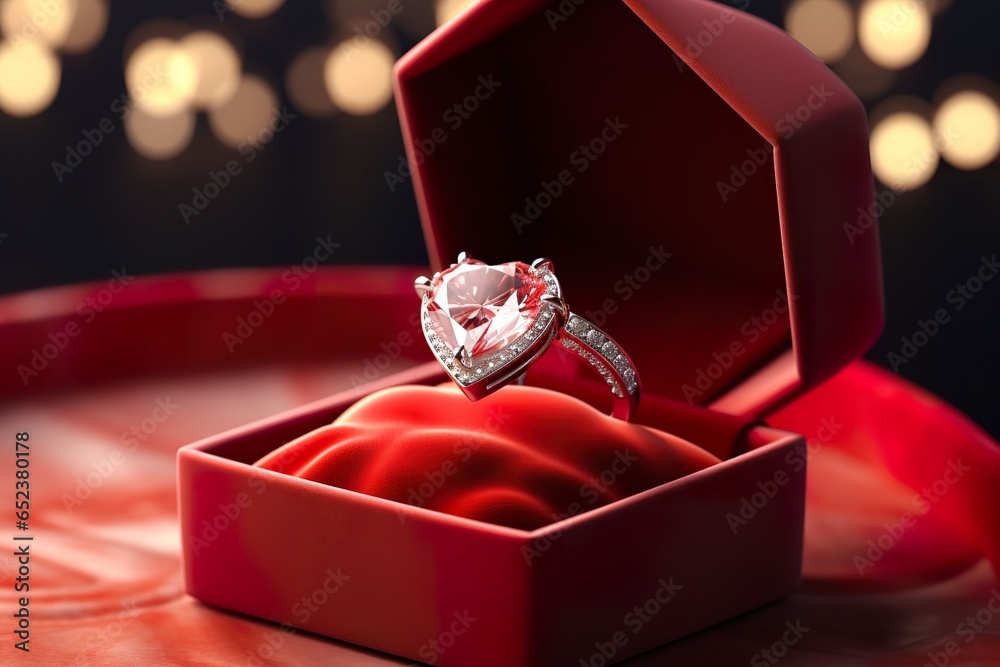 An engagement ring nestled inside a red velvet heart-shaped box - obrazy, fototapety, plakaty 