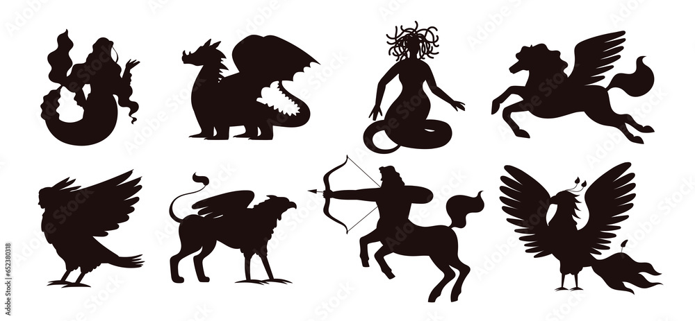 Set of silhouettes of mythical creatures, flat vector illustration isolated on white background. Set of silhouettes of mythical creatures, flat vector illustration isolated on white background.