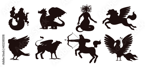 Set of silhouettes of mythical creatures, flat vector illustration isolated on white background.