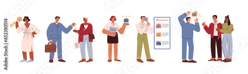 Set of vector illustrations with realtors and clients of real estate agency, service for the sale, rent, loan, mortgage